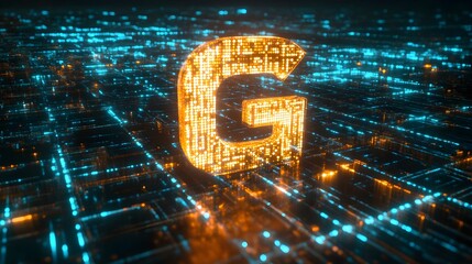 Wall Mural - Glowing Orange Letter G Against Digital Background in Vibrant Colors