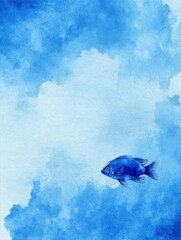 Poster - Central Fish Swimming Against a Clean Blue Watercolor Background, Creating a Serene Underwater Atmosphere