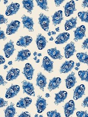 Aufkleber - Japanese-style Fish Print Pattern Featuring Blue and White Design on a Light Background With a Clean Central Area for Decorative Use