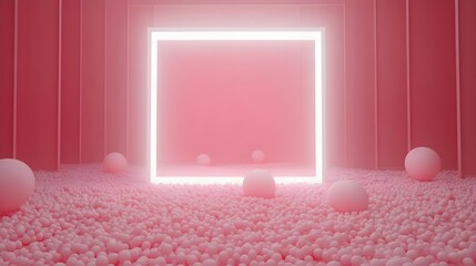 Wall Mural - Pastel Pink Background with White Frame and Decorative Balls