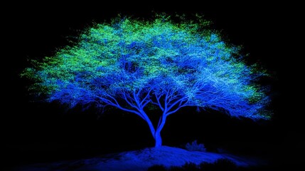 Wall Mural - Striking Blue Tree Silhouette Against Dark Background at Night