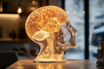 Illuminated, transparent head sculpture with glowing brain.