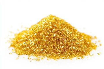 Wall Mural - pile of golden glitter on white background close up studio shot for celebration and decoration proje