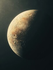 Wall Mural - Detailed view of a cratered moon in deep space with visible stars and dark shadows in a vertical composition