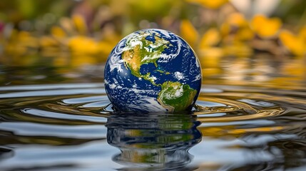 Wall Mural - Miniature Earth in Water Droplet with Ripples and Natural Backdrop