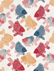 Poster - Japanese-style Fish Print Pattern Featuring Colorful Koi on Light Background With a Clean Central Zone Ideal for Decorative Use or Textile Design
