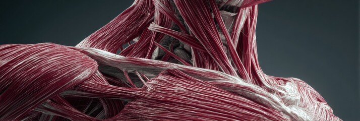 Poster - Detailed Muscle Structure Overlay on a Neutral Background Showcasing Human Anatomy and Intricate Tissue Arrangement