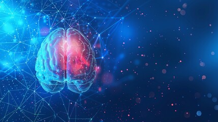 Wall Mural - A 3D brain in blue tones with red highlights against a blue backdrop, surrounded by a network-like structure, symbolizing modernity and innovation.