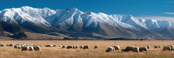Fototapete - Sheep Grazing Peacefully in a Vast Field Surrounded by Majestic Mountains and a Bright Blue Sky