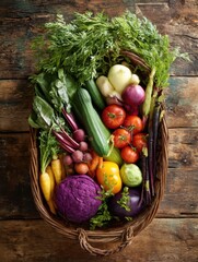 Aufkleber - Organic Vegetables Arranged in a Basket on a Rustic Wooden Table Filled With Fresh Produce for a Healthy Lifestyle