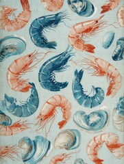 Poster - Decorative Pattern Featuring Colorful Shrimp and Mussels With a Faded Middle, Creating an Inviting Coastal Ambiance