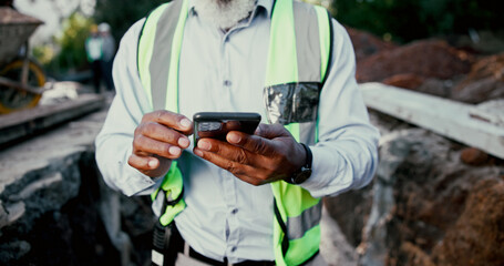 Aufkleber - Construction site, hands and phone with person outdoor for communication, excavation or update. App, building and contact with professional developer typing on mobile for architecture or planning