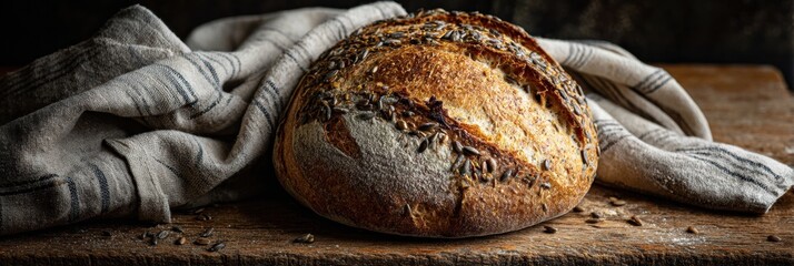 Poster - Artisan Bread With Seeds Wrapped in Linen on Rustic Wooden Table in Bright Light