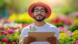 © venusvi - A man in a straw hat enjoys reading in a vibrant flower garden, surrounded by colorful blossoms and natural beauty.