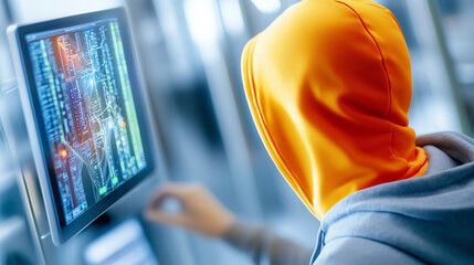 a person in a bright orange hoodie interacts with a computer screen displaying code and data, showca