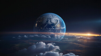 Wall Mural - Earth view at blue sunrise from space