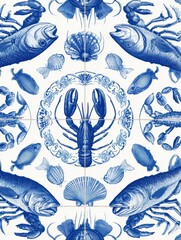 Poster - Colorful Tiled Seafood Illustrations Create a Decorative Repeating Pattern With a Central Focus on a Lobster and Various Marine Creatures