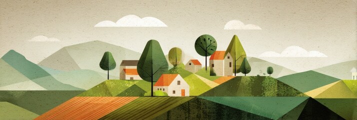 Poster - Stylized Farm Landscape Illustration With Rolling Hills and Quaint Houses at Sunrise