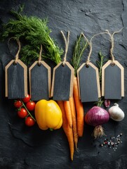 Poster - Colorful Fresh Market Produce Arranged Neatly With Chalkboard Tags for Labeling and Displaying at a Local Farmers Market on a Black Stone Background