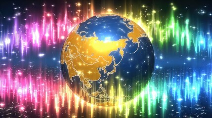 Fototapete - Vibrant Global Network Digital Earth Illuminated with Colorful Light Streaks Background