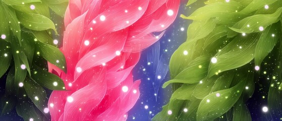 Fototapete - Vibrant Pink and Green Leaves Abstract Background with Glowing Particles Magical Nature Wallpaper