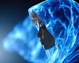 Aufkleber - Mysterious Woman in Blue Glowing Hooded Cloak Profile Portrait