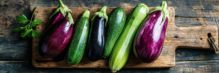 Poster - Fresh Eggplants and Zucchinis Arranged on a Rustic Wooden Cutting Board, Showcasing Vibrant Colors and Healthy Produce