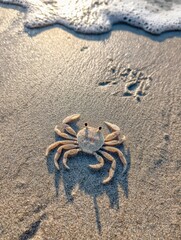 Poster - Crab Silhouette Resting on Sandy Beach With Ocean Waves in the Background During Golden Hour at Sunset