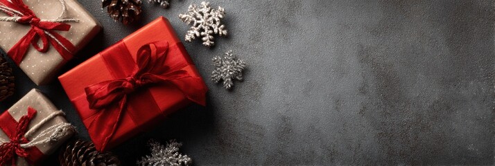 Poster - Gift Boxes Arranged With Pine Cones and Snowflakes Creating a Festive Holiday Atmosphere on a Dark Surface
