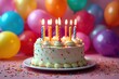 © Krittin - A vibrant birthday cake with lit candles, surrounded by colorful balloons and confetti , whimsical, special day, celebratory