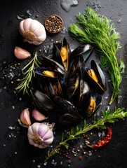 Aufkleber - Colorful Mussels and Fresh Herbs Arranged on a Black Background Showcasing Culinary Ingredients for a Delicious Seafood Dish