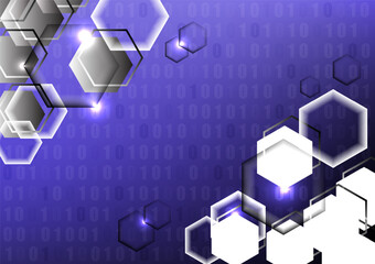 hexagon on binary digital code, technology background.