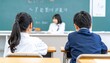 © AI_ALICE - 学校の教室の黒板と机で勉強する子供達。AIで生成
