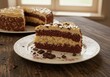 © Vistara  - Delicious chocolate layer cake with creamy frosting and chocolate shavings showcased on a rustic wooden table with soft natural lighting
