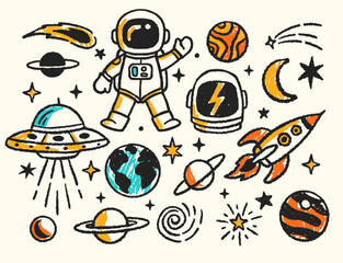 Wall Mural - Hand-drawn space theme vector illustration set with UFOs, rockets, planets, stars, comets, and astronauts in a doodle art style.