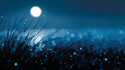 Fototapete - Moonlight night landscape with glistening dew drops on grass.