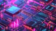 © hana - Illuminated Circuit Board with Complex Electronic Components in Cyberpunk Colors Electronic Components on a Motherboard Digital Circuit Board Design High Tech Abstract Background