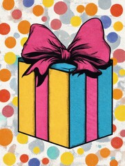 Poster - Colorful Pop-Art Gift Box With Bold Stripes and a Vibrant Bow Against a Dotted Background