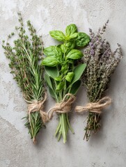 Poster - Freshly Harvested Assorted Herbs Tied With Twine on a Neutral Background Showcasing Vibrant Green and Purple Hues