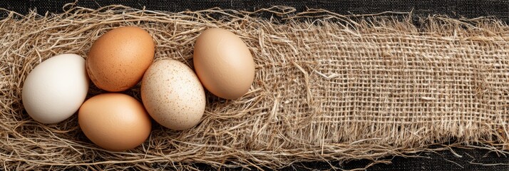 Poster - Organic Eggs Arranged on a Straw Mat With Ample Clear Space on the Left, Showcasing Natural Textures and Colors
