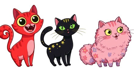 Naklejka na meble Three Cute Cartoon Cats Red Black Pink Kitty Friends