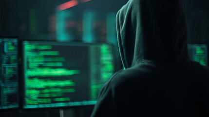 Hooded figure sits before glowing green computer screens, depicting a hacker or programmer at work, symbolizing digital world, technology, and coding