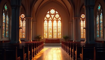 Wall Mural - Tranquil church interior, stained glass window light Peaceful, spiritual atmosphere , christ, worship, peace
