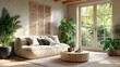 © Oleksandr - Modern interior room design with beige earth tone colors. Fabric sofa, wood blinds windows, round coffee table, pillows, green plant. Scandinavian apartment design, bright light
