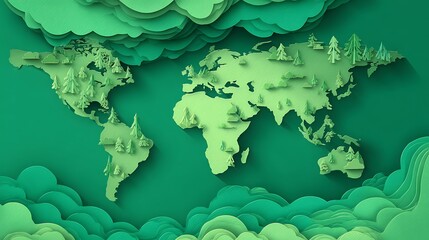 Fototapete - Earth green world map paper 3d horizontal banner with copy space, earth day