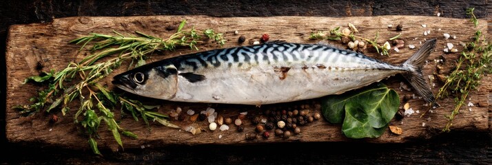 Aufkleber - Fresh Mackerel Fish on Wooden Board With Herbs and Spices Prepared for a Healthy Meal