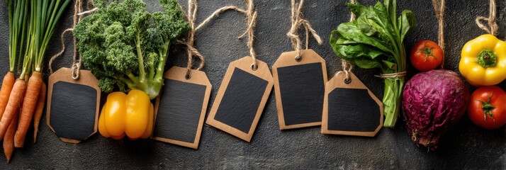 Aufkleber - Fresh Market Produce Tags Displayed on a Chalkboard Background Highlighting Colorful Vegetables and Healthy Options