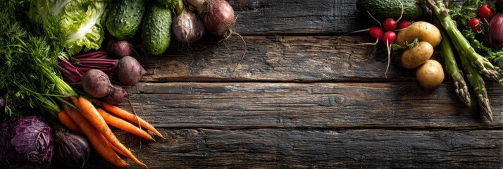 Poster - Rustic Wooden Background Featuring an Array of Fresh Produce Including Vegetables and Herbs Ready for a Meal Preparation or Culinary Use
