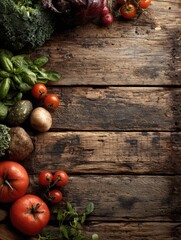 Poster - Rustic Wood Backdrop With Fresh Produce Arranged in a Natural Setting During Daylight