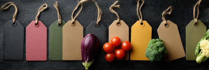 Poster - Produce Tags Line up With Fresh Vegetables on a Chalkboard Background at a Vibrant Market Setting